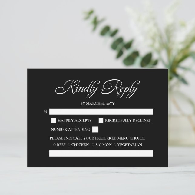 RSVP de Casamento Negro de Caligrafia Minimalista  (Em pé/Frente)