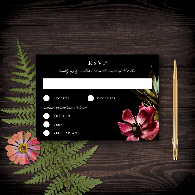RSVP de Casamento Negro Floral Elegante Escuro + M (Criador carregado)