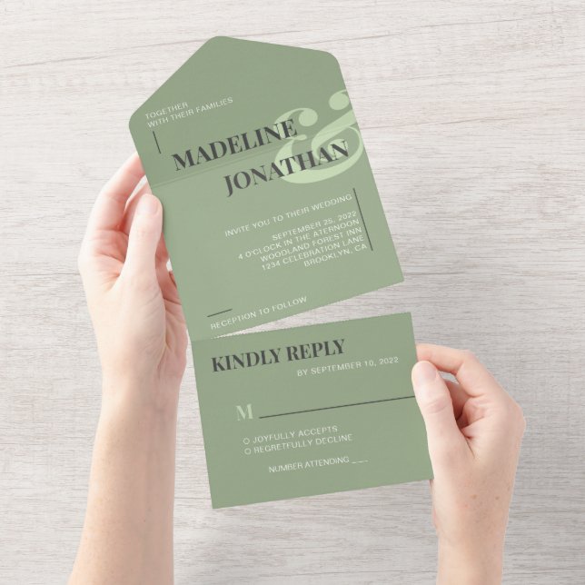 RSVP de Casamento NEGRO Verde de Sage Plana Modern (Aba destacável)