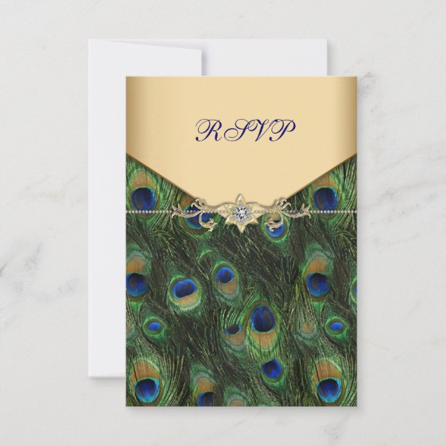 RSVP de Casamento Peacock Dourado Emerald (Frente)