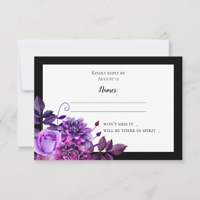 Rsvp de casamento preto e roxo. Resposta das flore (Frente)