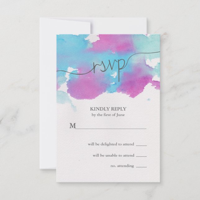 RSVP de Casamento Púrpura Azul com bonito Aquarela (Frente)