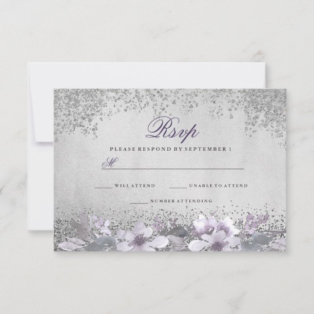 RSVP de Casamento Púrpura da Silver Foil Floral (Frente)
