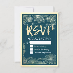 RSVP de Casamento Resposta Flores Douradas Azuis L