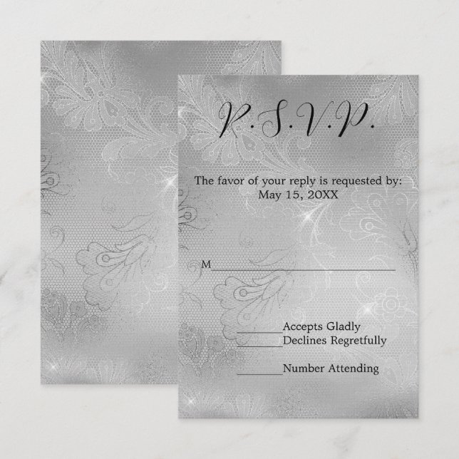 RSVP de Casamento Romântico de Lace Silver (Frente/Verso)