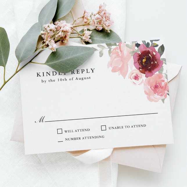 RSVP de Casamento Romântico Pink e Borgonha (Criador carregado)