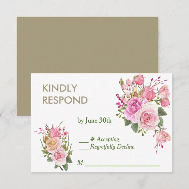 RSVP de Casamento Rosa Rosa Cor-de-Quadro Dourado (Frente/Verso)