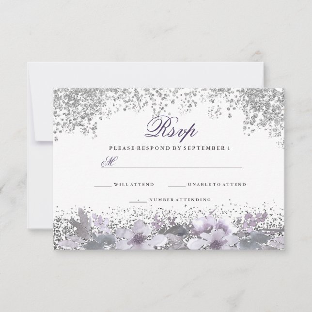 RSVP de Casamento Roxo Floral de Silver Glitter (Frente)