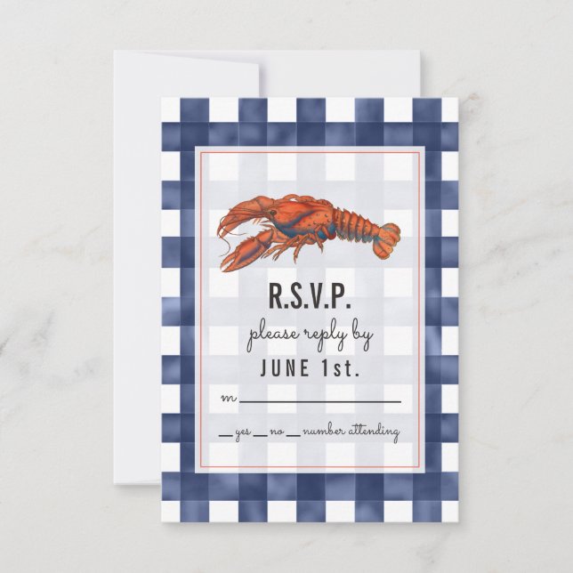 RSVP de Casamento Russo da Lagosta de Gingham (Frente)