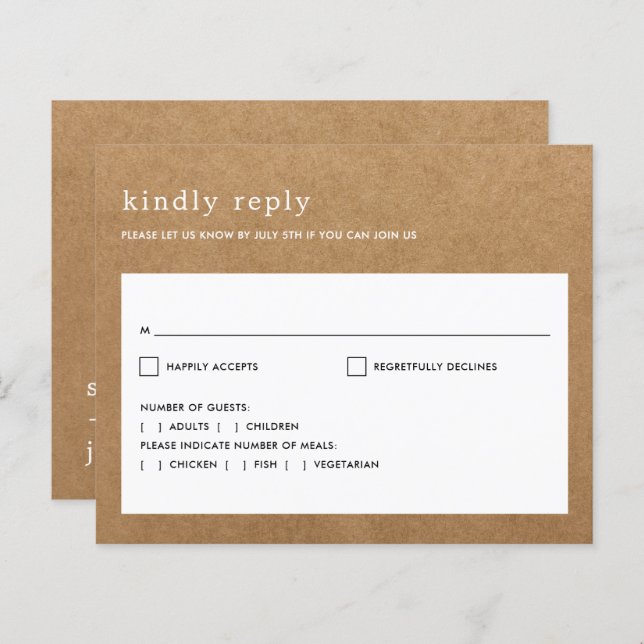 RSVP de Casamento Rustic Faux Kraft do Minimalista (Frente/Verso)