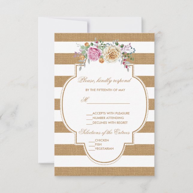 RSVP de Casamento Rustic Floral Burlap Stripes (Frente)
