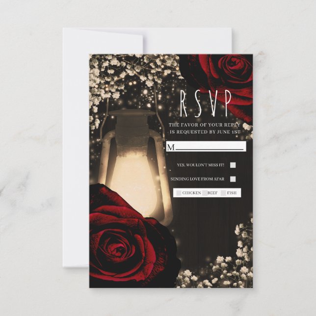 RSVP de Casamento Rustic Glow Lanterna & Rosas ver (Frente)