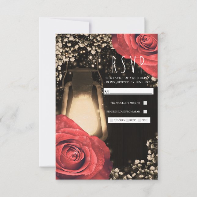 RSVP de Casamento Rustic Glow Lanterna & Rosas ver (Frente)