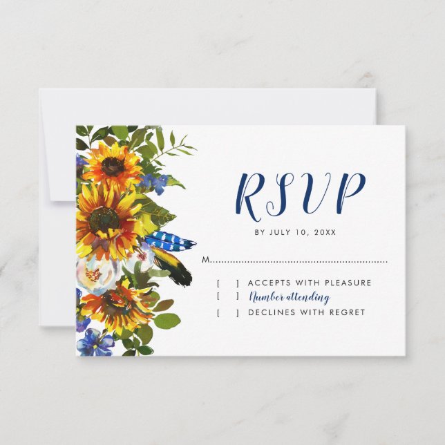 RSVP de Casamento Rustic Marinho Sunflower Boho (Frente)