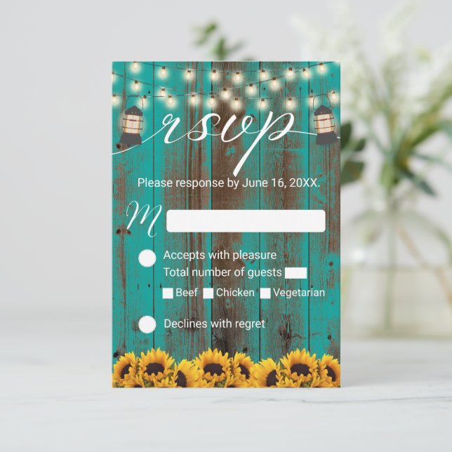 RSVP de Casamento Rustic Sunflower & Lantern Teal  (Em pé/Frente)
