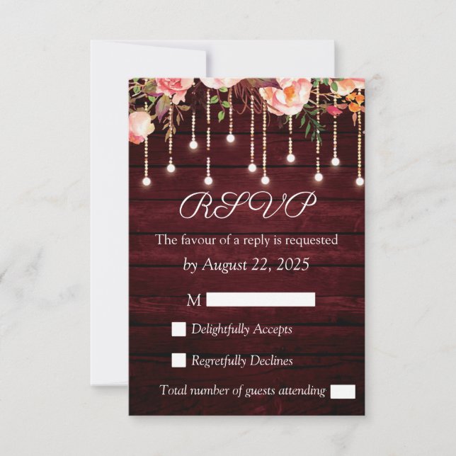 RSVP de Casamento Rústico em Madeira Marrom Floral (Frente)