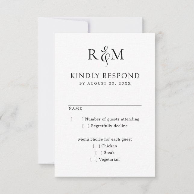 RSVP de Casamento Simples de Monograma Branco Pret (Frente)