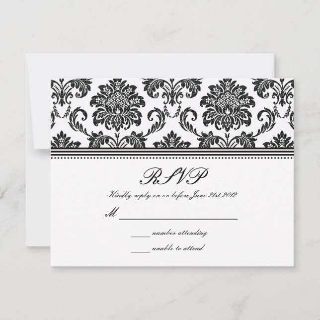 RSVP de Casamento tema damasco preto e branco (Frente)