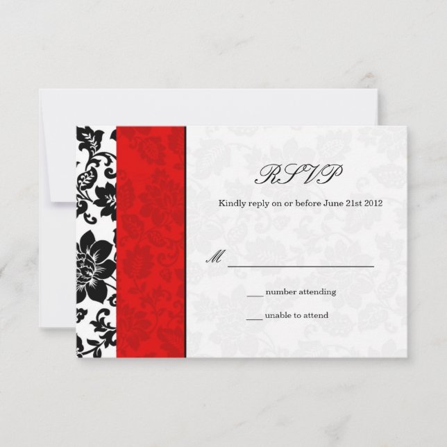 RSVP de Casamento tema damasco Preto e Vermelho (Frente)