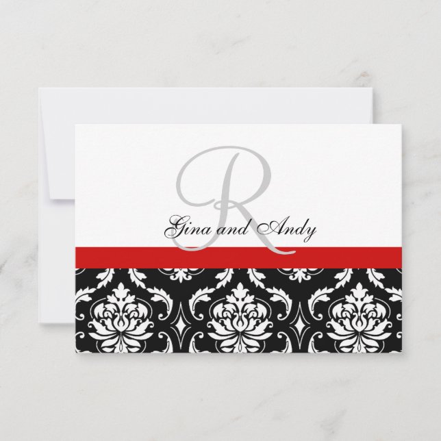 RSVP de Casamento tema damasco Preto Vermelho para (Frente)