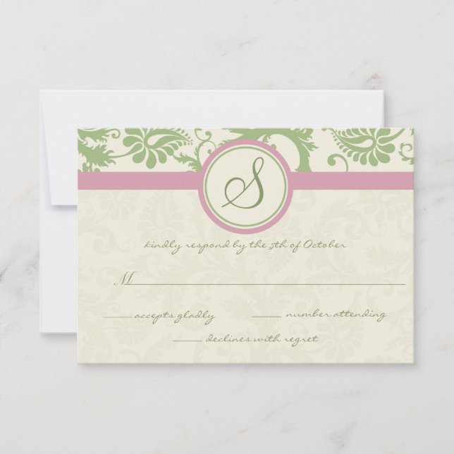 RSVP de Casamento tema damasco Verde e Rosa (Frente)