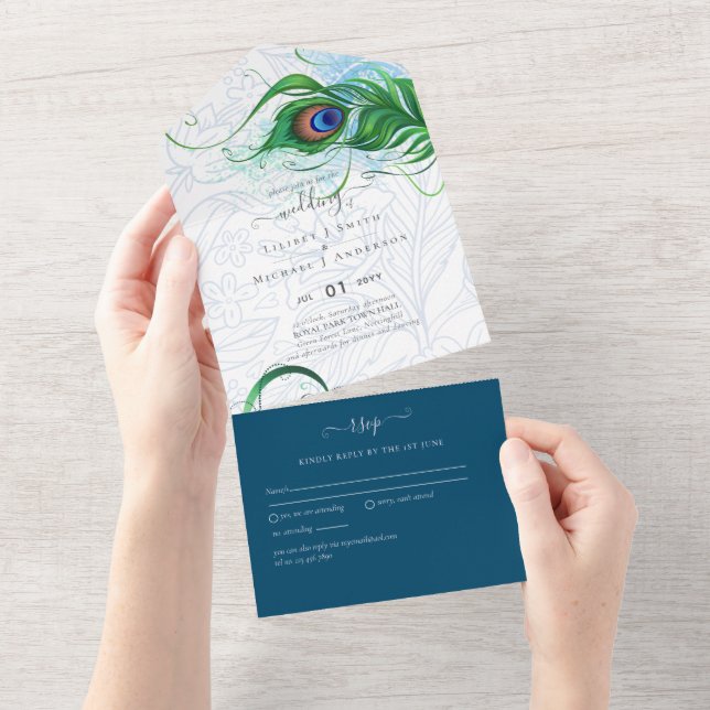 RSVP de Casamento Verde Azul de Feather Azul de 3i (Aba destacável)