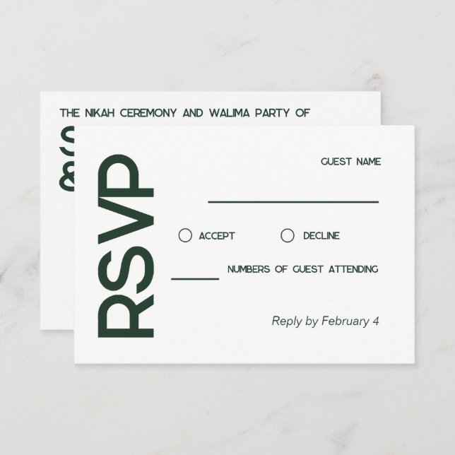 RSVP de Casamento Verde Branco Multão e Minimalist (Frente/Verso)