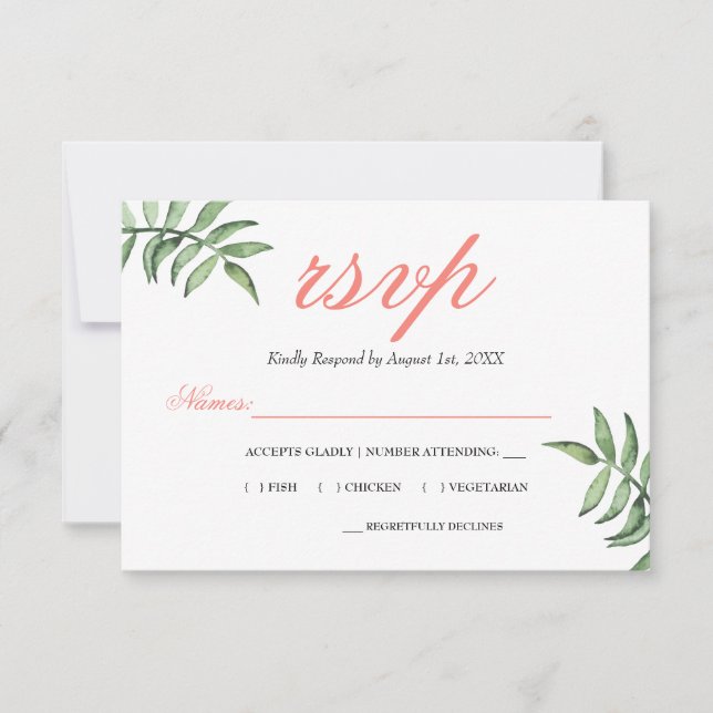 RSVP de Casamento Verde de Coral Botânico Moderno (Frente)
