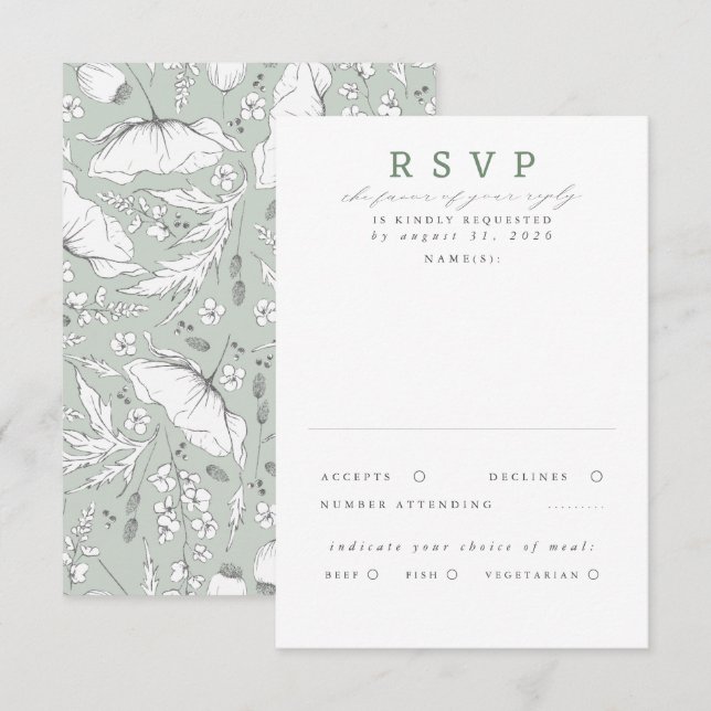 RSVP de Casamento Verde de Flores Selvagens desenh (Frente/Verso)