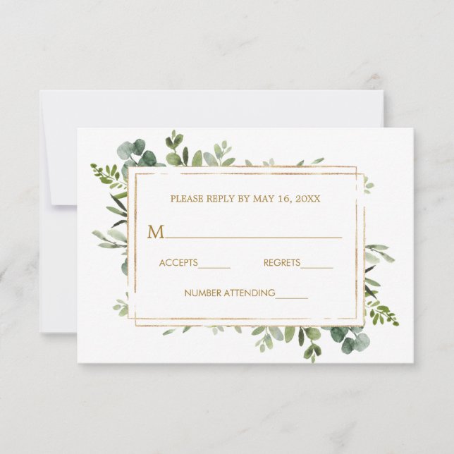 RSVP de Casamento Verde Dourado Botânico (Frente)