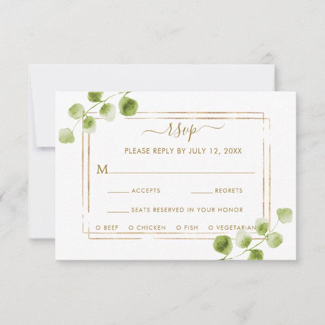 RSVP de Casamento Verde Dourado Botânico com Escol (Frente)
