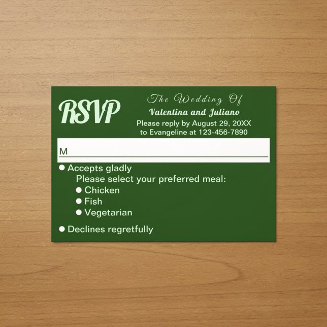 RSVP de casamento verde escuro minimalista (Typography style minimalist dark green wedding RSVP card)