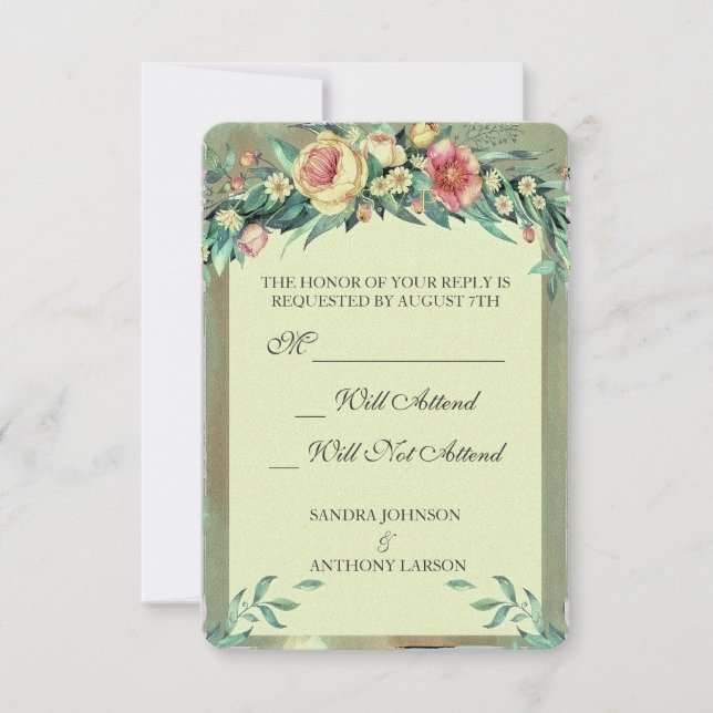 RSVP de Casamento Verde Floral e Rosa com Aquarela (Frente)