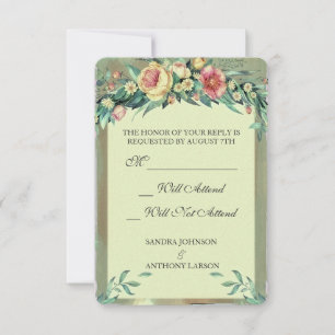 RSVP de Casamento Verde Floral e Rosa com Aquarela