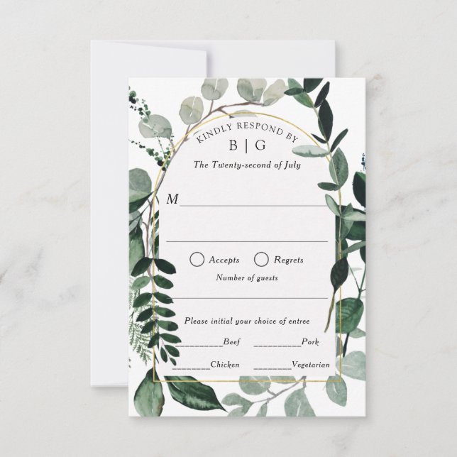 RSVP de Casamento Verde Moderno com escolha de ref (Frente)