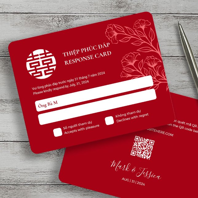 RSVP de Casamento Vermelho em Inglês Bilíngue Viet (Criador carregado)