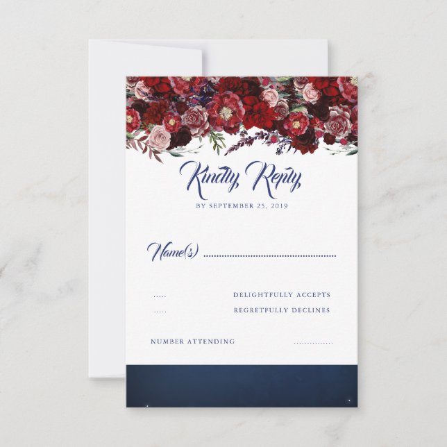 RSVP de Casamento Vermelho marinho Azul e Borgonha (Frente)