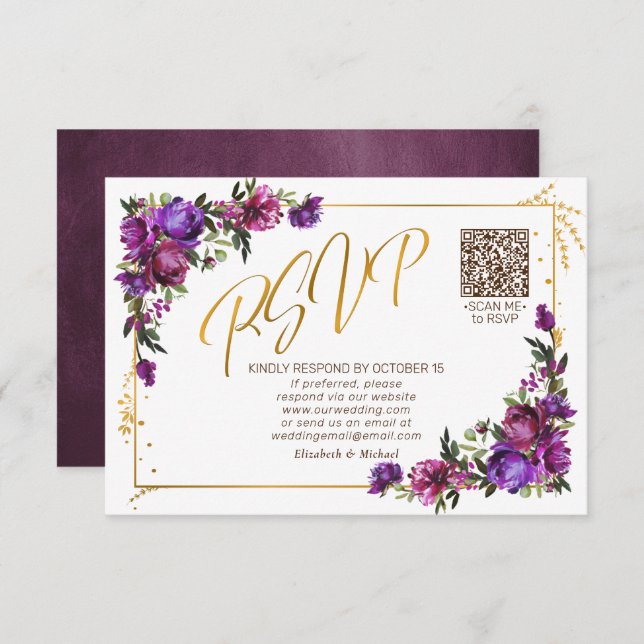 RSVP de Código QR de Script Dourado Floral Rosa Pu (Frente/Verso)