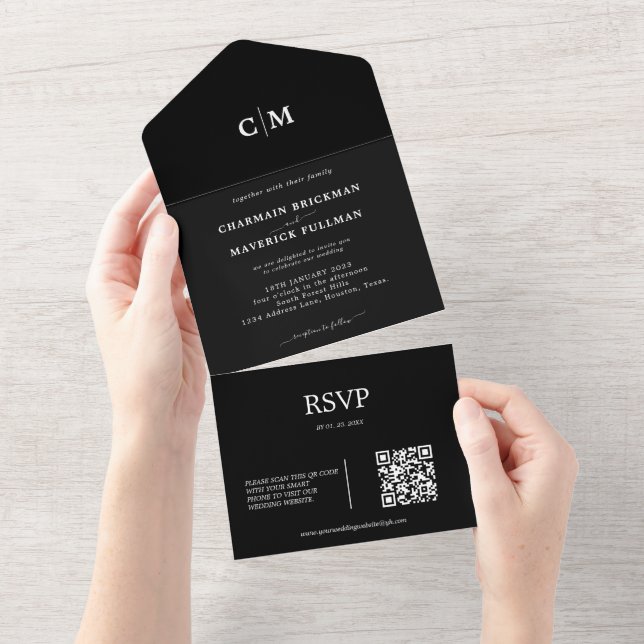 RSVP de Código QR do Monograma Preto Moderno (Tearaway)