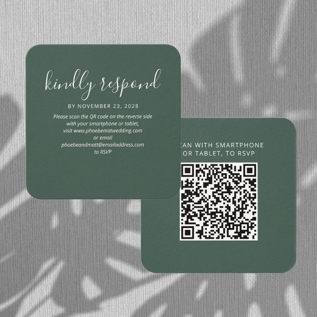 RSVP de Código QR Elegante e Cartão de Site Casado (Wedding RSVP QR Code Enclosure Rounded Corner Green Card)
