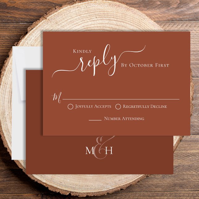 RSVP de Convidado Clássico Terracotta de Caligrafi (Beautiful terracotta wedding rsvp, traditional RSVP choice options on the front. )
