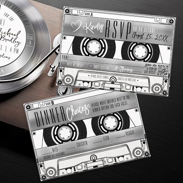 RSVP de Convite de Casamento de Fita Cassete de Pr (Retro music black & silver vinyl record album cassette tape wedding invitation RSVP dinner choices)