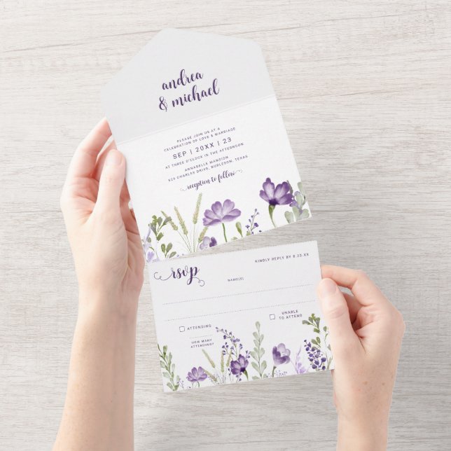 RSVP de Convite de Casamento Floral Roxo Anexado (Aba destacável)