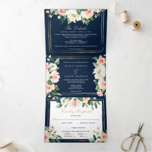 RSVP de Convites Dourados de Casamento Triplo Azul