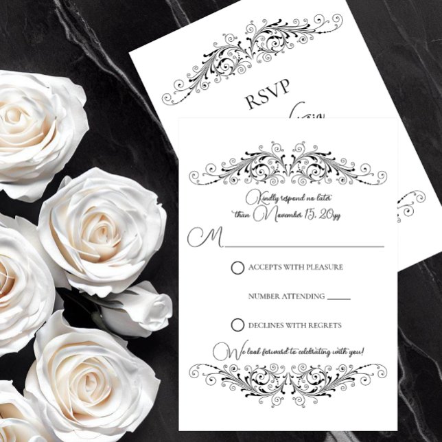 RSVP de Elegância Floreada a Preto e Branco (Black and White Flourish Elegance RSVP card to let your guests respond to your wedding invitation.)