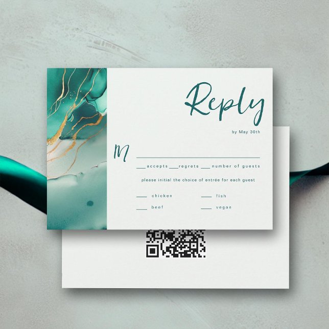RSVP de Escolha de Refeição de QR para Casamento D (emerald green gold modern summer beach wedding rsvp card meal choice qr code elegant bohemian chic)