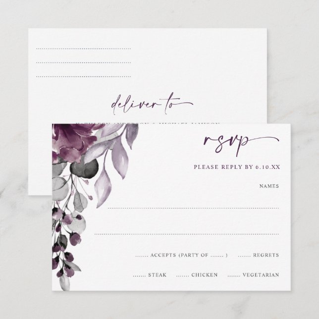 RSVP de Folhagem Floral Púrpura Plum Casamento Wat (Frente/Verso)
