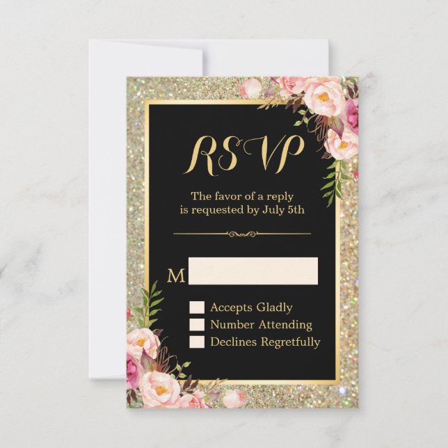RSVP de Glitter Dourado Floral Rosa Clássico, Bril (Frente)