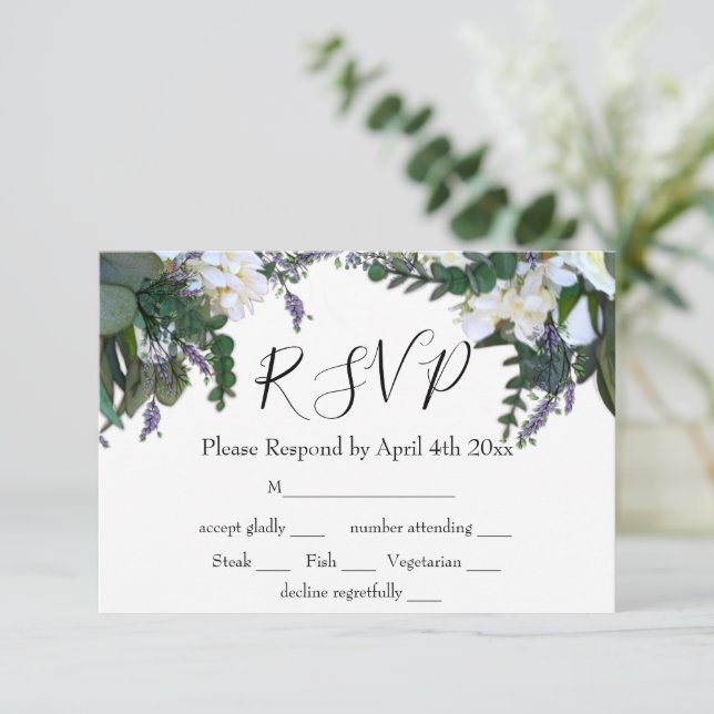 RSVP de lavanda de eucalipto floral branco Elegant (Em pé/Frente)