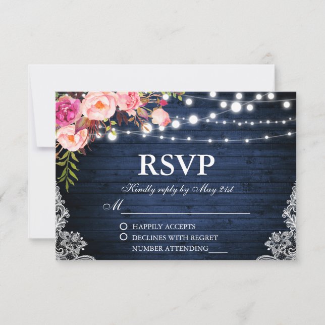 RSVP de Luzes Florais de Madeira Azul de Casamento (Frente)